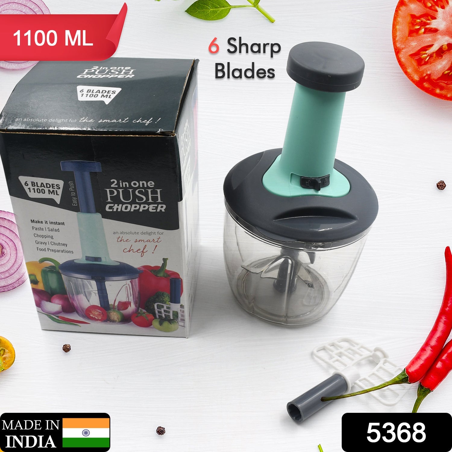 5368 1100 ml 2 in 1 Push up Chopper with Blender affixed with 6 Sharp Blade | Vegetable and Fruit Cutter with Easy Push and chop Button 5368 1100 ml 2 in 1 Push up Chopper with Blender affixed with 6 Sharp Blade | Vegetable and Fruit Cutter with Easy Push and chop Button